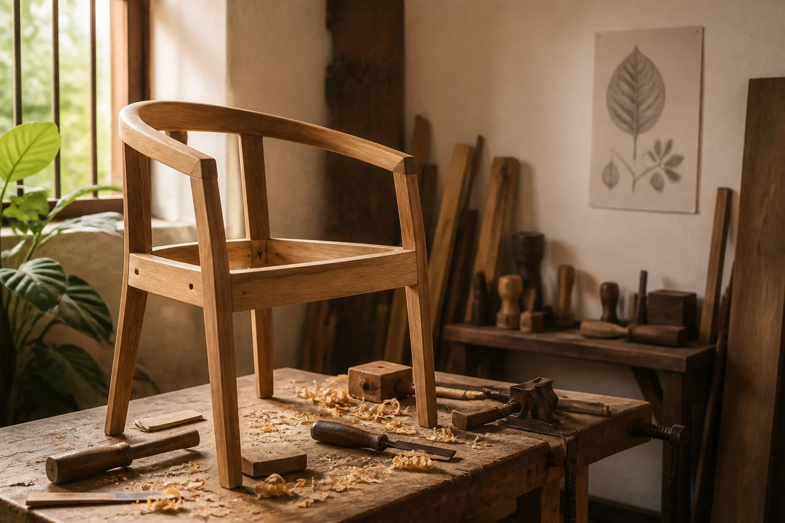 Teak being shaped in the atelier