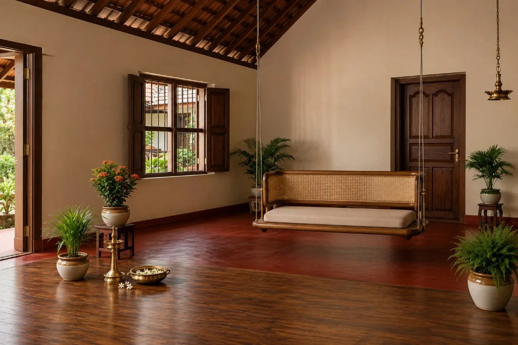 Teak swing in a Kerala living room